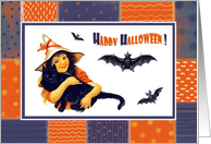Happy Halloween Vintage Little Witch Black Cat and Bats card