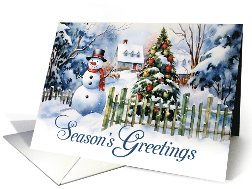 Season's Greetings. Snowy Village with Snowman and Christmas Tree card