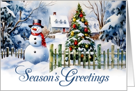 Season’s Greetings. Snowy Village with Snowman and Christmas Tree card