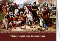 Thanksgiving Blessings. Pilgrims and American Indians Painting card