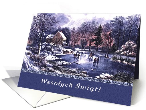 Wesolych Swiat. Polish Christmas Card with Vintage Winter Scene card