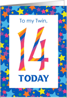 For Twin 14th Birthday with Colourful Stripes and Stars card
