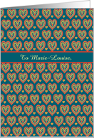 Custom Name Valentine with Red Green Navy Hearts Pattern card