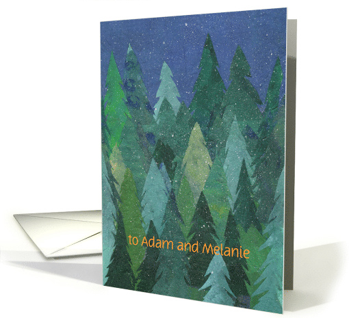 Custom Name Christmas Greetings with Snowy Forest Blank Inside card