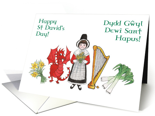 Bilingual St David's Day Greeting with Welsh National Symbols card