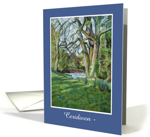 Custom Name Birthday Greeting in Welsh with Riverbank in Spring. card
