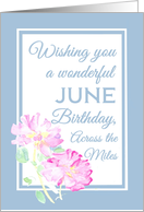 Birthday Across the Miles Pink June Roses and Blue Border Blank Inside card