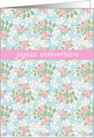 Birthday Card, French Greeting, Pink Dogroses on Blue card