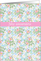 Birthday Card, Portuguese Greeting, Pink Dogroses on Blue card