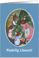 Christmas Tree with Welsh Greeting and Cute Mice Blank Inside card