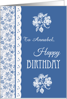 Custom Front Name Birthday Indigo and White Floral and Faux Lace card