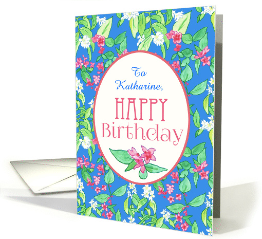 Custom Name Birthday Greetings with Spring Blossoms on Blue card