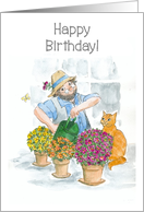 Birthday Greetings with Fun Man in Greenhouse with Cat card
