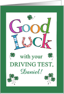 Custom Name Good Luck Driving Test Clover and Horseshoe card