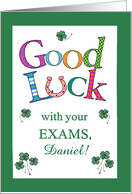 Custom Name Good Luck with Exams Clover and Horseshoe card