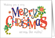 Merry Christmas Across the Miles with Stars and Poinsettias card