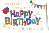 Grandfather’s Birthday with Balloons Bunting Stars and Word Art card