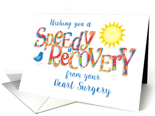 Get Well from Heart Surgery with Colourful Word Art Sun and Bird card