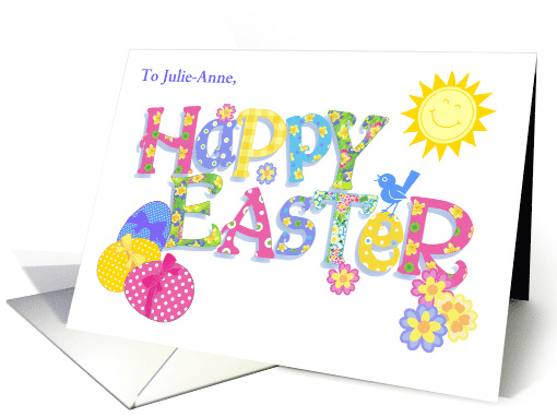 Custom Name Easter Eggs with Primroses a Bird and Floral Word Art card