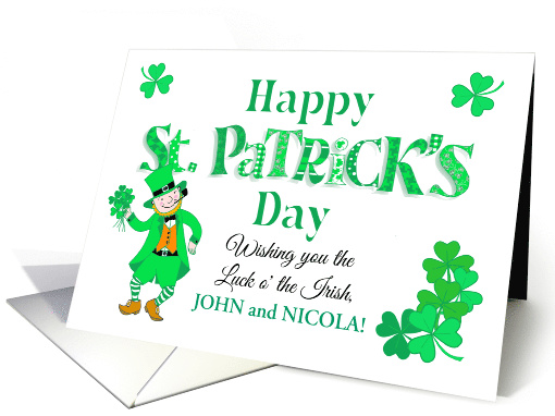 Custom Name St Patrick's Day Leprechaun Shamrocks and Word Art card