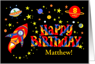 Custom Name and Age Birthday with Spaceship and Flying Saucer card