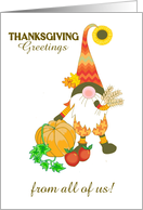 Thanksgiving Greeting from All of Us with Cute Gnome and Pumpkin card