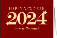 New Year 2024 Across the Miles Gold Effect on Dark Red with Stars card