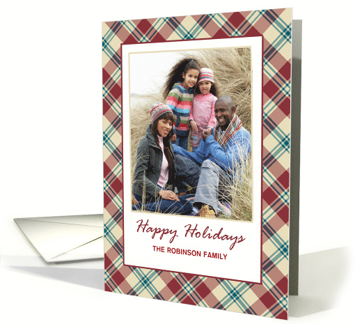 Happy Holidays Custom Name Photo Upload with Red Tartan Border card