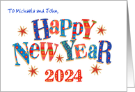 Custom Name New Year 2024 with Stars and Word Art card