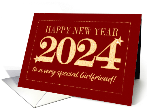 For Girlfriend New Year 2024 Gold Effect on Dark Red with Stars card