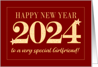 For Girlfriend New Year 2024 Gold Effect on Dark Red with Stars card
