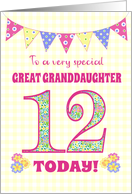 For Great Granddaughter 12th Birthday with Primrose Flowers Bunting card