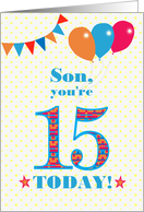 For Son15th Birthday with Bunting Stars and Balloons card