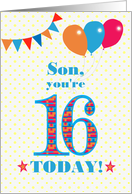 For Son 16th Birthday with Bunting Stars and Balloons card