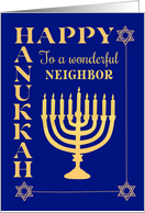 For Neighbor Hanukkah with Menorah Star of David on Dark Blue card
