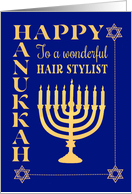 For Hairdresser Hanukkah with Menorah Star of David on Dark Blue card