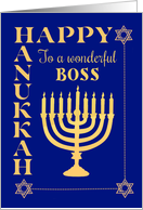 For Boss Hanukkah with Menorah Star of David on Dark Blue card