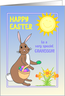 For Grandson Easter Bunny with Daffodils, Easter Eggs and Sunshine card