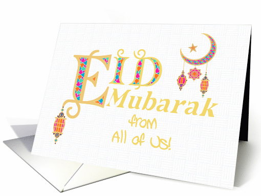 Eid Mubarak Greeting From All of Us with Lanterns Moon and Stars. card
