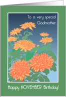 For Godmother November Birthday with Orange Chrysanthemums card
