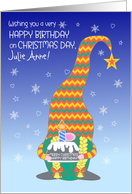 Custom Name Birthday on Christmas Day with Fun Gnome and Cake card