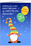 Custom Name Birthday on Christmas Day with Fun Gnome and Balloons card