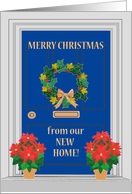 Christmas from New Home Front Door with Holly Wreath and Poinsettias card