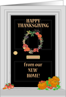 Thanksgiving New Home with Chic Front Door Wreath and Pumpkins card