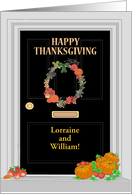Custom Name Thanksgiving Chic Front Door with Wreath and Pumpkins card