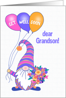 For Grandson Get Well Gnome or Tomte with Balloons and Flowers card