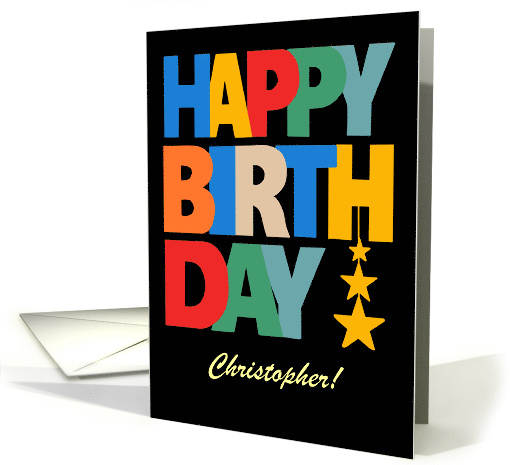 Custom Name Birthday Brightly Coloured Letters and Stars on Black card