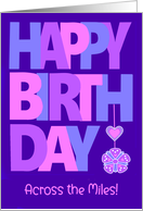 Birthday Across the Miles Pastel Colored Letters on Navy Heart and Flo card