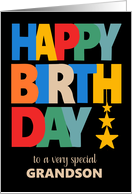 For Grandson Birthday Bright Coloured Letters and Stars on Black card