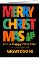 For Grandson Merry Christmas with Colorful Text and Christmas Tre card